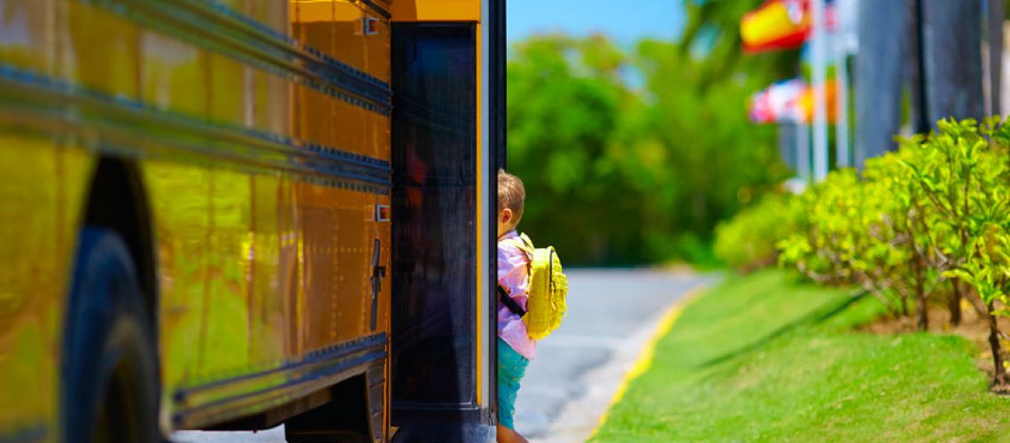 44953714 - young boy, kid getting on the schoolbus, ready to go to school