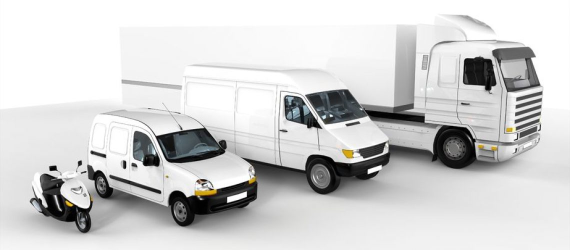 9928078 - rendering of a white scooter, car, van and truck on white background